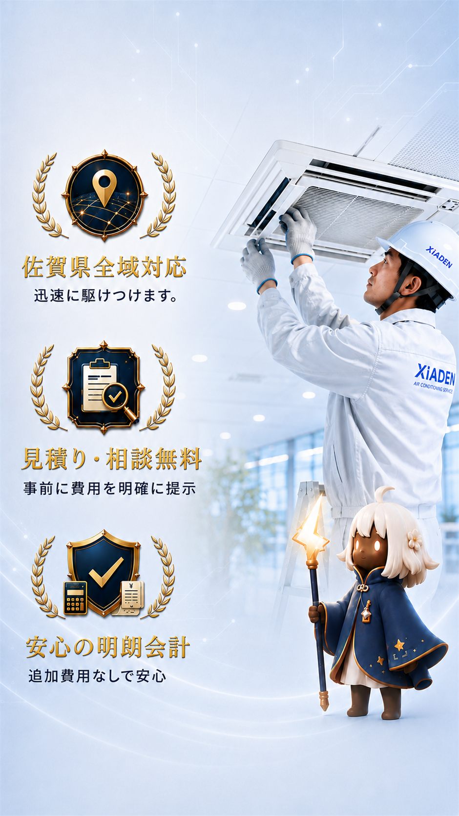 業務用エアコンの点検・修理を行うXiADENのスタッフ