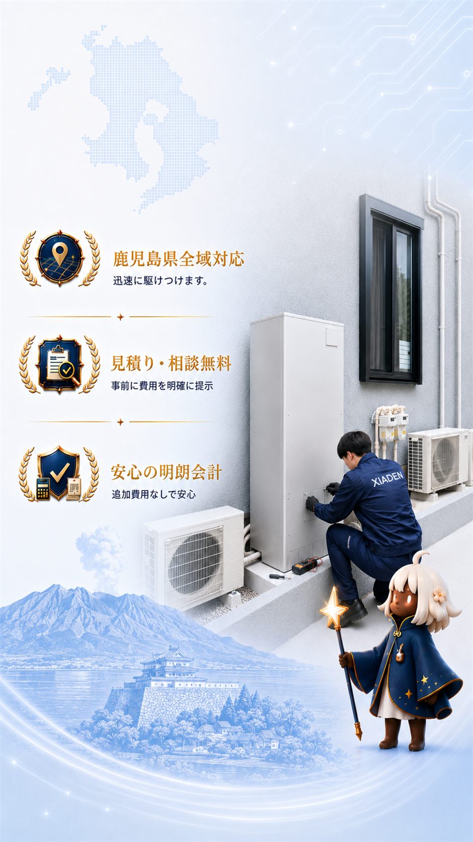 電気工事の作業確認をする電気工事士とルミ