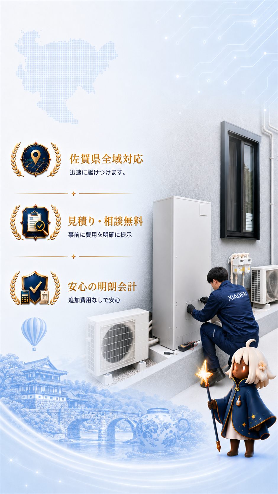 電気工事の作業確認をする電気工事士とルミ