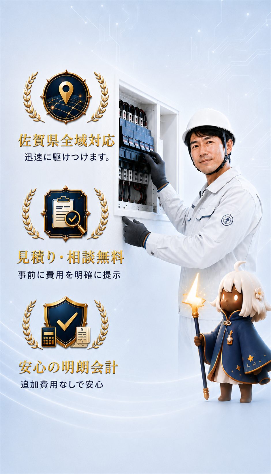 電気工事の作業確認をする電気工事士とルミ